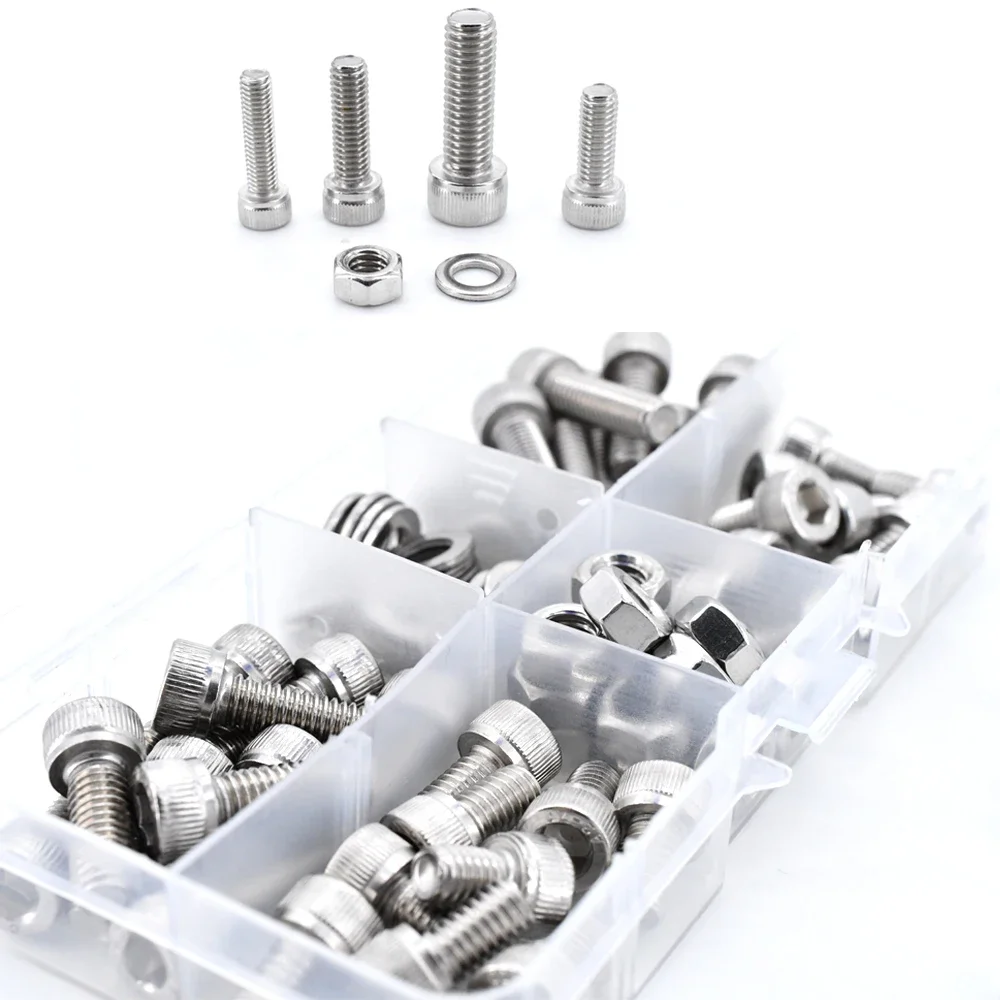 M2 M3 M4 M5 M6 Hexagon Socket Cap Screw DIN912 304 Stainless Steel Head Bicycle Hex Bolts and Nuts and Washers Assortment Kit