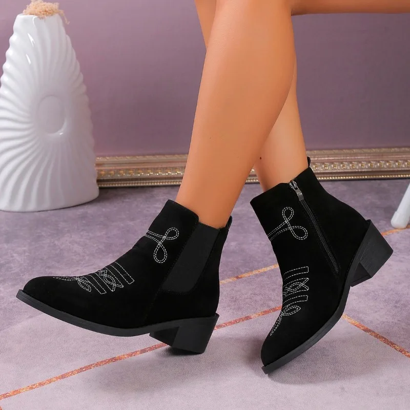2023 Winter Med Heel Shoes for Female Side Zip Women's Ankle Boots Square Heel Women's Shoes Embroider Pointed Toe Ladies Boots