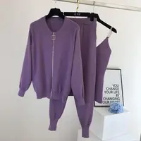 Women Zipper Knitted Cardigans Sweaters + Pants Sets + Vest Woman Fashion Jumpers Trousers 3 PCS Costumes Outfit - Image 4