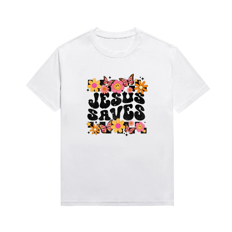 

Jesus Saves Slogan Christian Tee Fun And Cute Graphic Prints Tops Female Cotton T-Shirt Custom Top