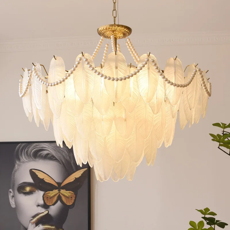 

Light luxury Italian glass ceiling lamp modern minimalist crystal chandelier creative hall French creative pearl feather lamp