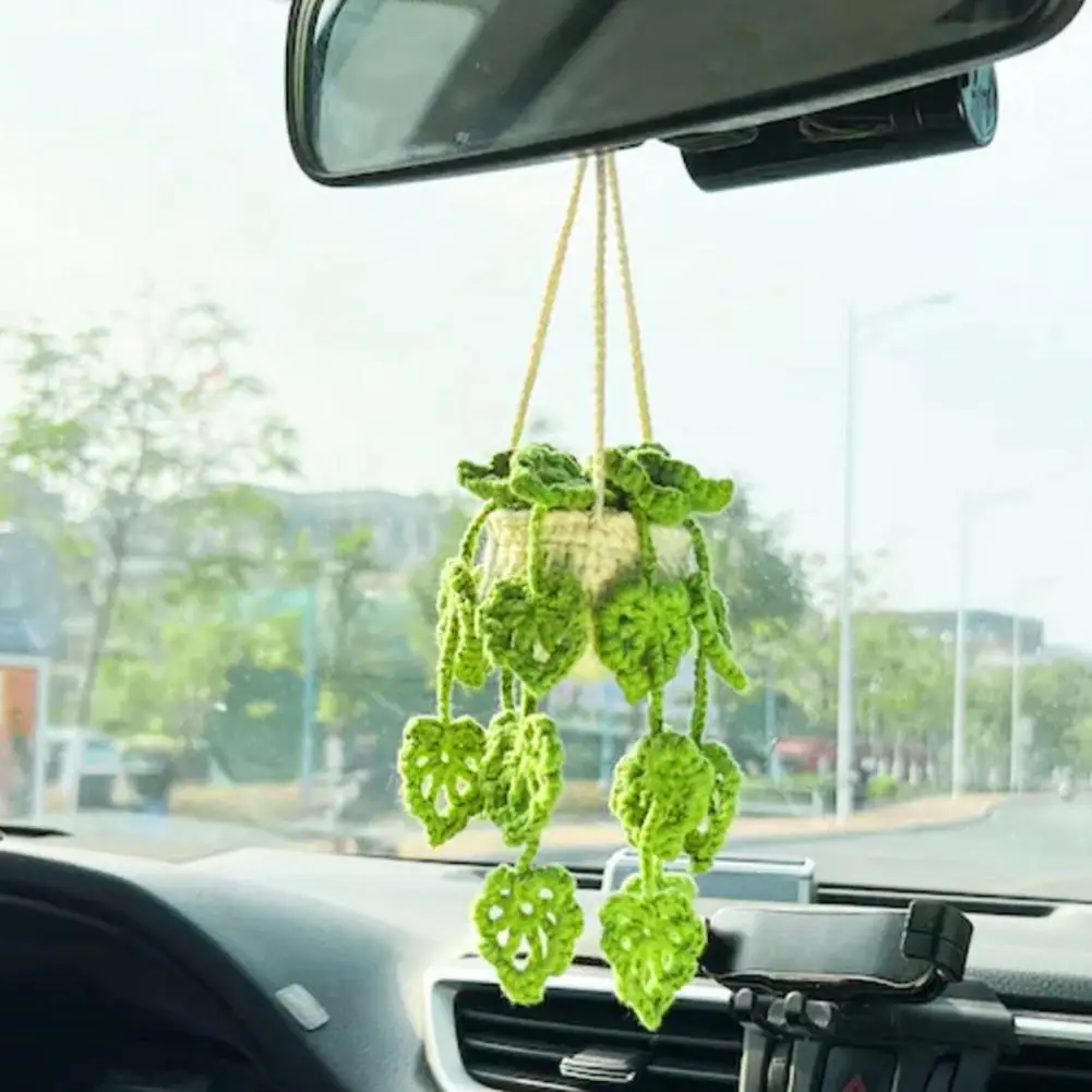 미니 화분 식물 펜던트, 수제 니트 크로셰, 화분 식물, 자동차 거울 걸이식 액세서리, 귀여운 후방 장식