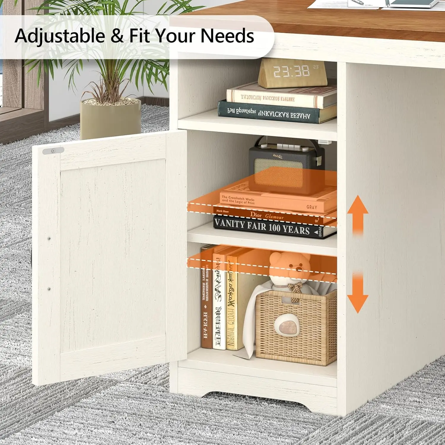 Farmhouse Computer Desk with Drawers, 65'' Home Office Desk with Power Outlets, Storage Cabinet and Printer Stand