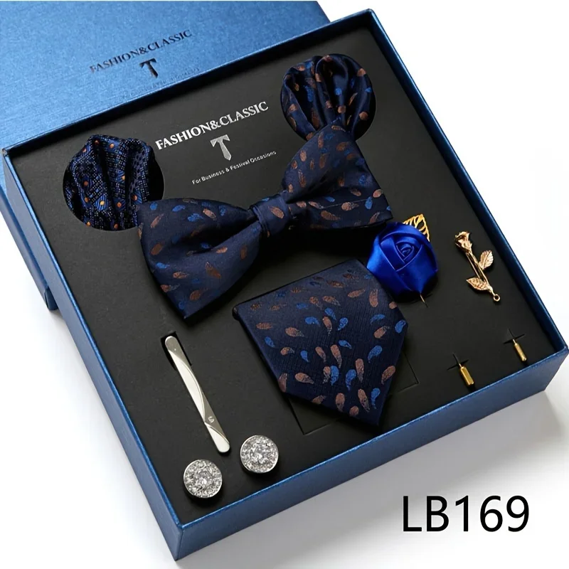 

1 Set Of Men's Striped Tie, Tie Clip, Bow Tie, Pocket Handkerchief, Brooch And Cufflinks Set, Gift Box For Men