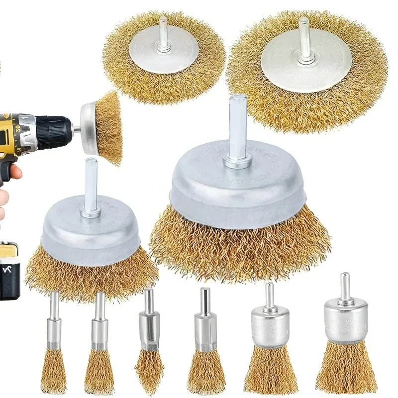 Wire Brush Wheel Cup Brush Set,Set Coarse Crimped 1/4 Inch Shank Wire Wheel for Drill Attachment Copper Wire Brush