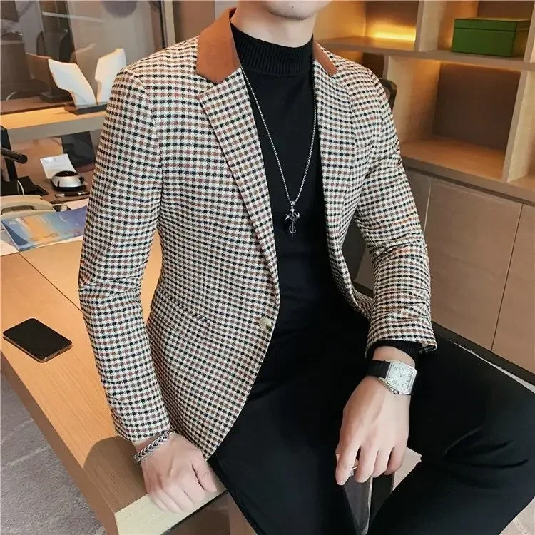 Plaid Coats Man Dress Suits and Blazers Korean Style Business Jacket for Men Clothes Classic