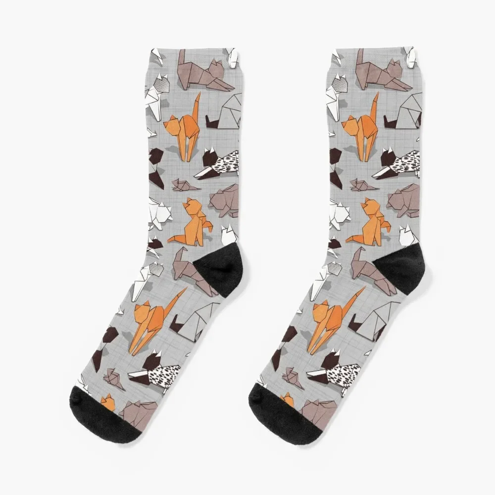 

Origami kitten friends // grey linen texture background paper cats Socks football tennis Christmas Socks Women Men's