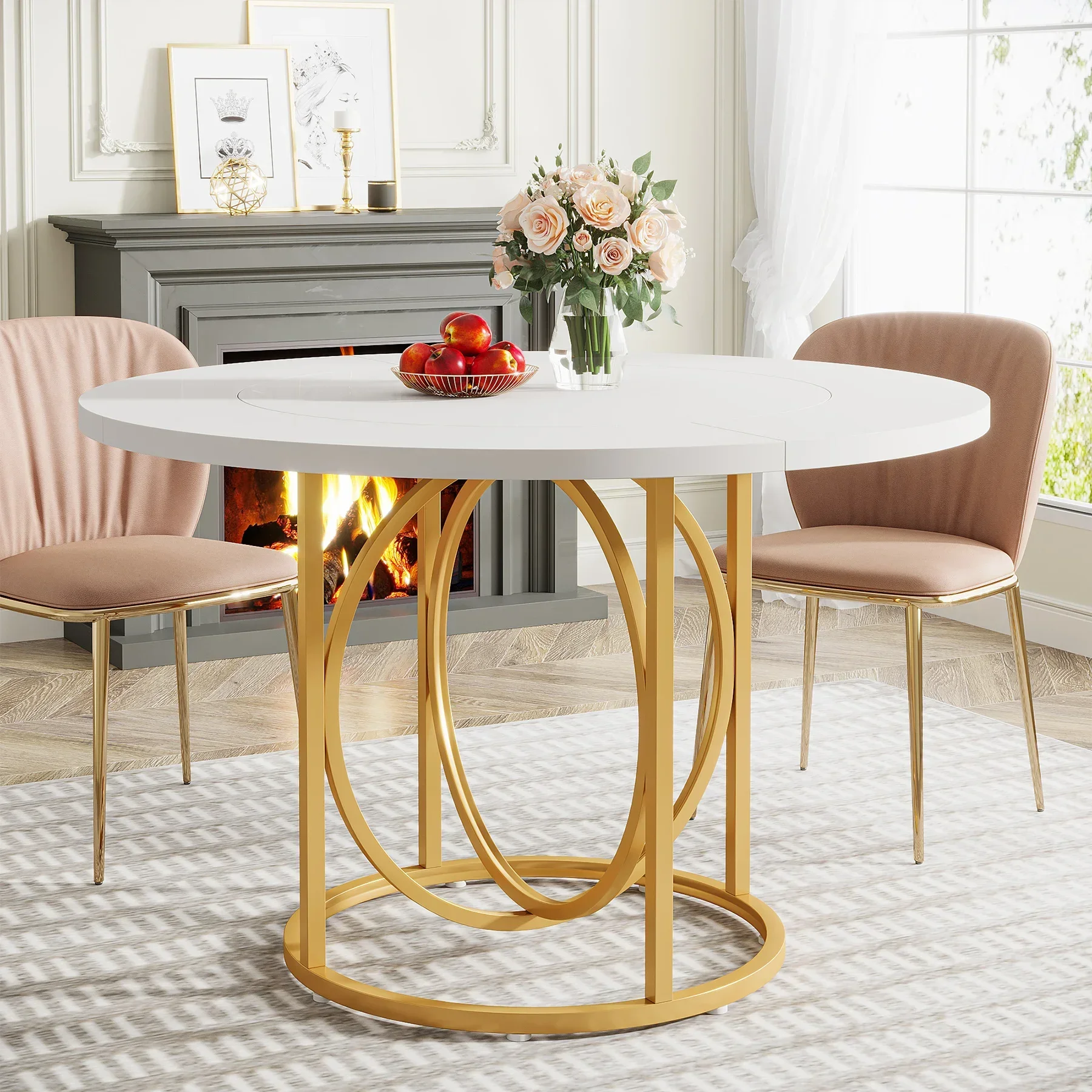 Tribesigns Modern Round Dining Table for 4 47 Inch White Kitchen Table with Gold Base Wood Dinner