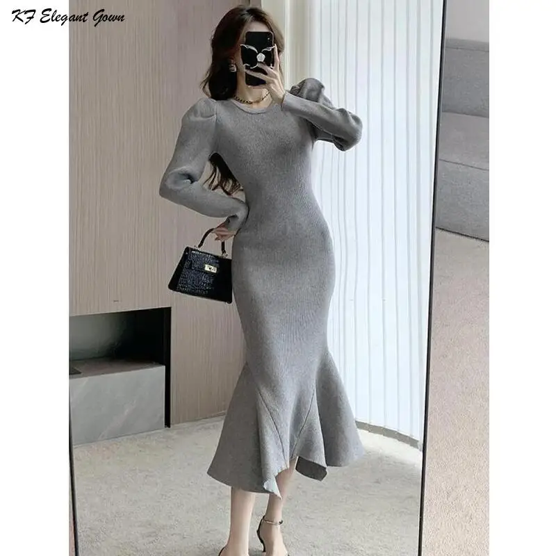 Autumn Winter Vintage Elegant Office Ladies Gray Slim Women Black Long Sleeved Round Neck Ruffle Mermaid Party Dress Trend zuoman women autumn elegant v neck dress festa female high quality long office party robe femme vintage designer vestidos