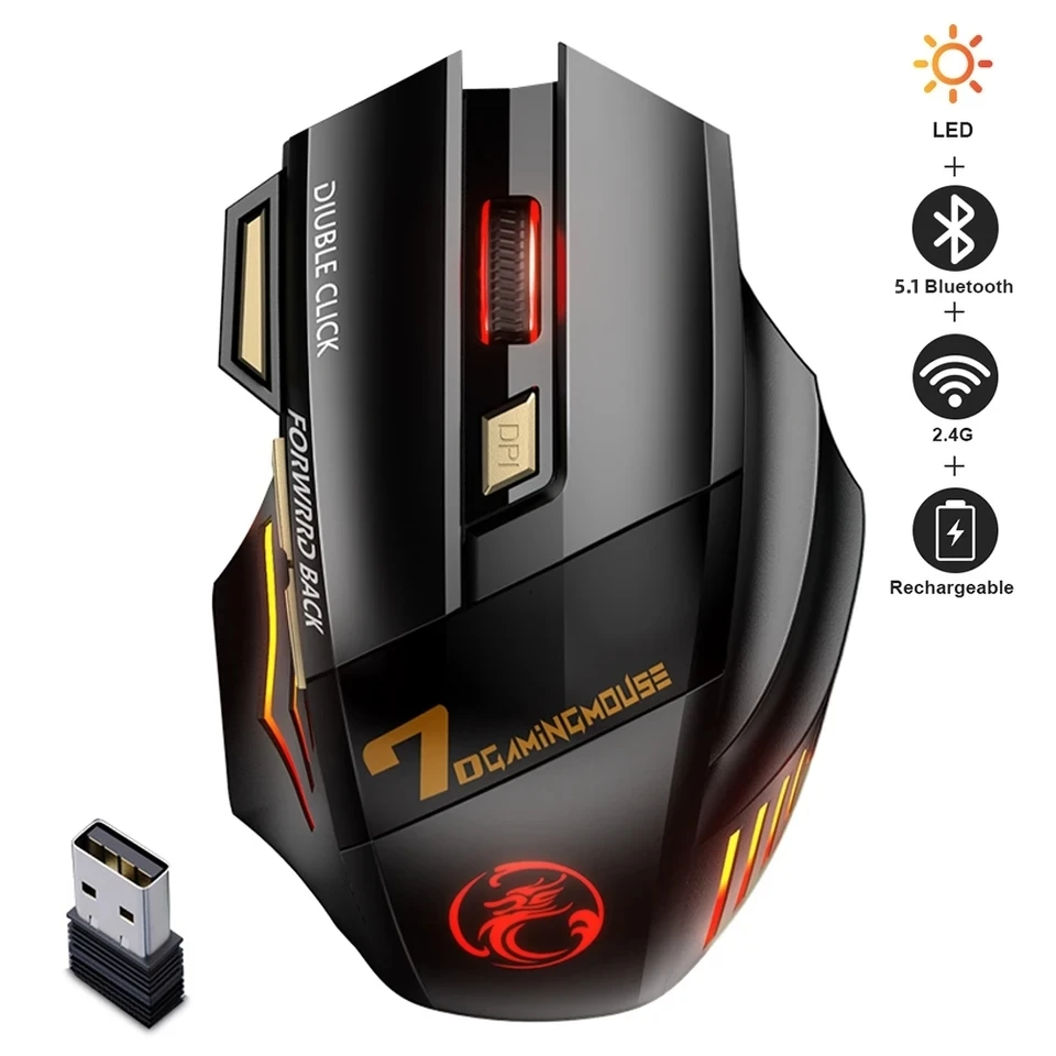 무선 블루투스 마우스, 게이머 충전식 게이밍 마우스, RGB 백라이트 USB 컴퓨터 마우스, 무소음 PC 인체 공학적 마우스