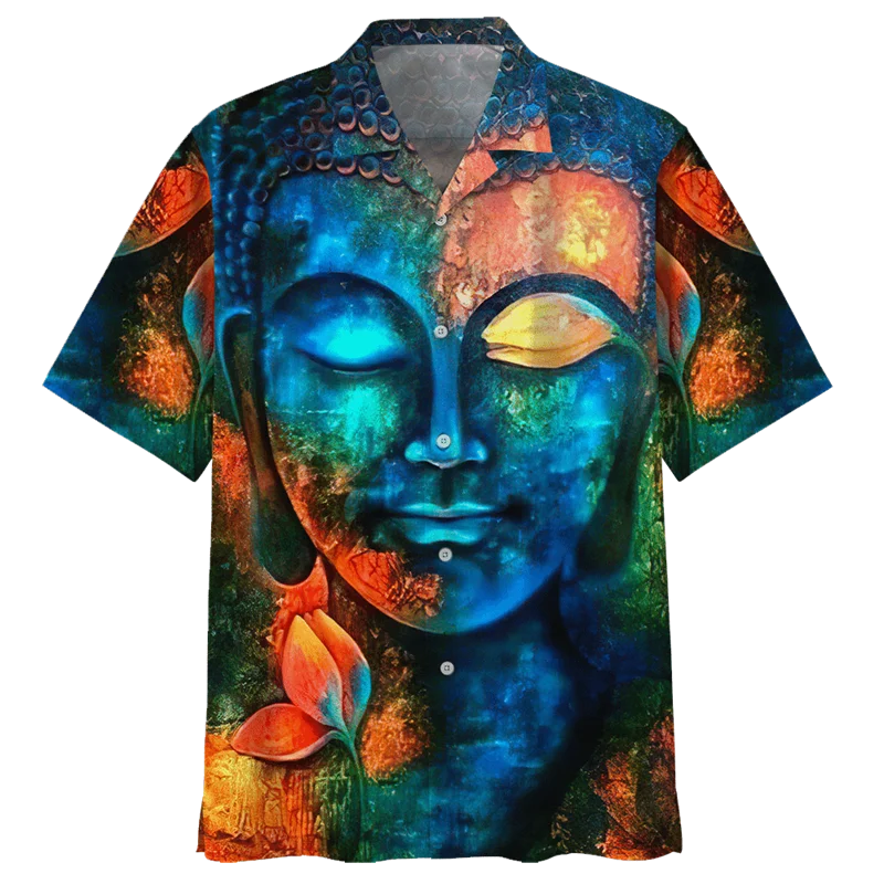 thumbnail image 1 of Camisa hawaiana de Buda para hombres y mujeres, blusa playera con estampado 3D de budismo, camisas de manga corta con solapa de gran tamaño y botones para verano, 1 of 5