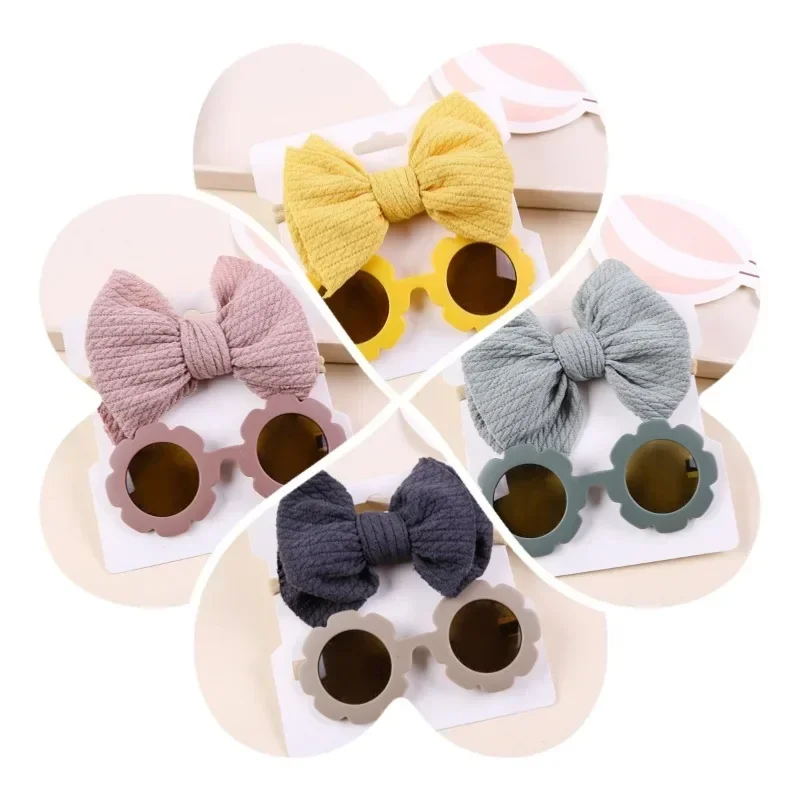 Baby Sunglasses with Hair Band Set Girls Kids Children Cute Cool Toy Shade Glasses Bows Headband for 0-3 Years Hair Accessories