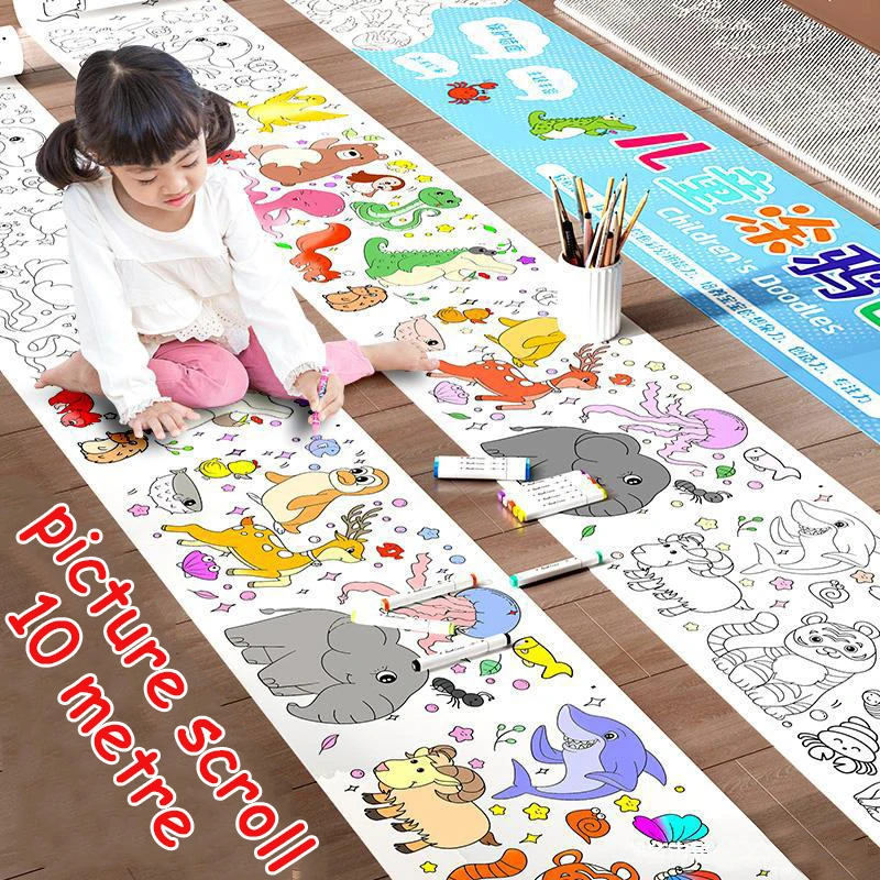 3m/10m Long Kids Graffiti Picture Book Toy Scroll Canvas Drawing Sticker Toy Watercolor Crayon Coloring Picture Book Set Toys