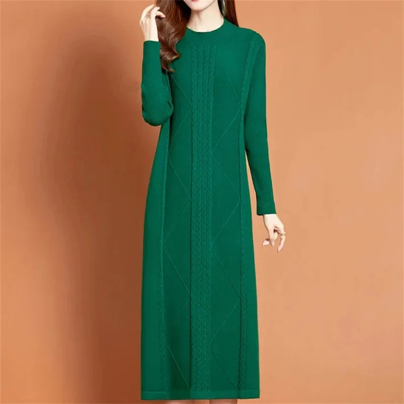 

NEW Autumn Winter Large Size Covering Belly Dress Middle Aged Elderly Mother Retro Long Knitted Sweater Dresses Vestidos Mujer