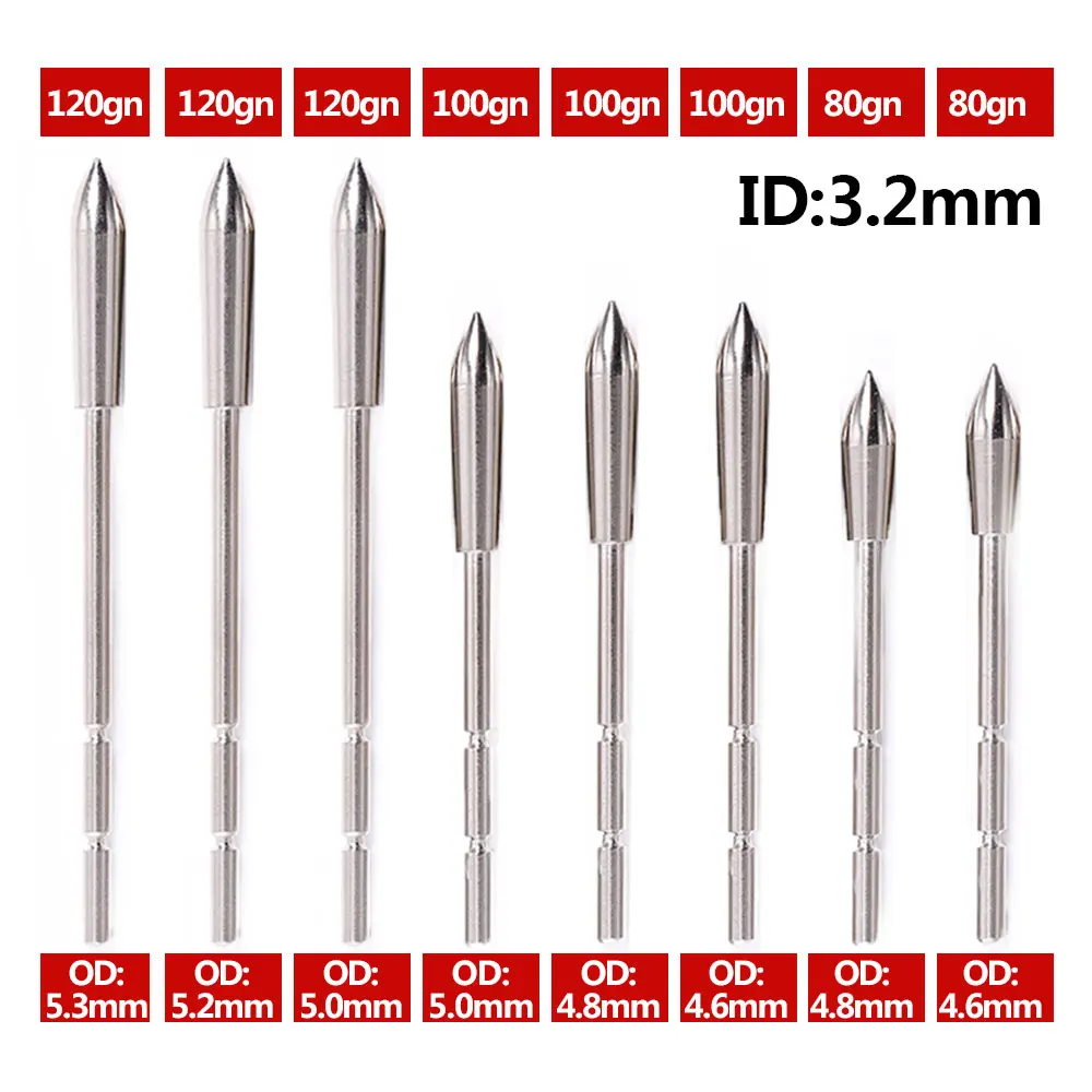 12pcs ID3.2 Arrow Head Stainless Steel Insert Arrow Point 80-120 Grains Tips for ID3.2mm Shaft