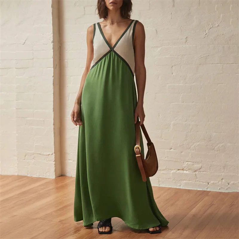Vestido elegante de verano para mujer, con cuello en V, sin mangas, con patchwork de colores contrastantes, largo y sexy para fiesta de noche.