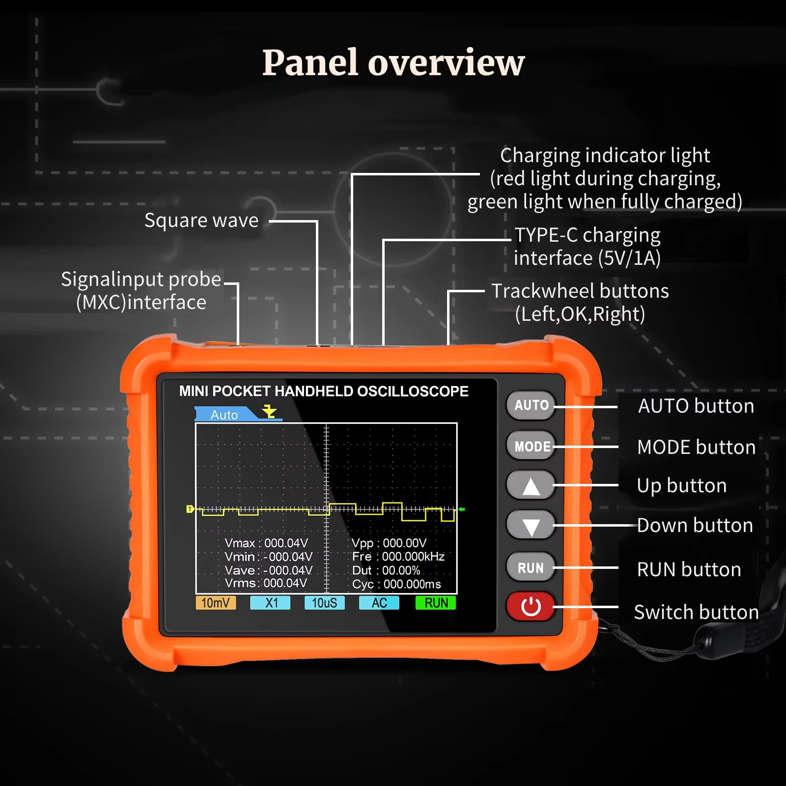 Digital handheld Oscilloscope Bandwidth:250kHz Sampling rate:2.5MS/s AUTO measurement rechargeable Complete triggering function