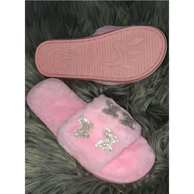 Autumn/winter2023 Women New Round-toe Thick-soled Flat Mid-heel Fur Sandals Bowknot Rhinestone Slippers Home Slippers