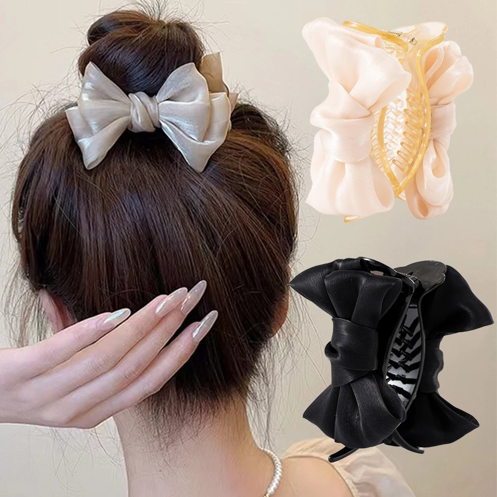 Korea Bowknot Hair Claw Satin Bow Hair Clips Barrettes Sweet Ponytail