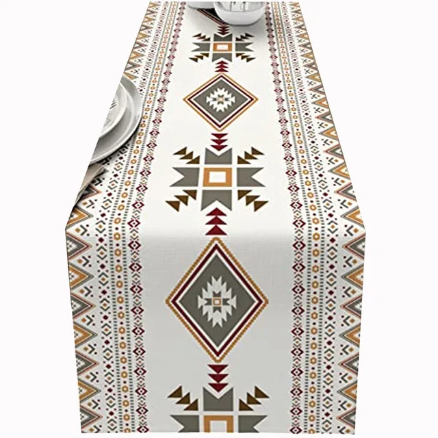 Retro Geometriai Figura Vászon Asztal Futó Ünnepi Party Dekorációk Sárga Virág Étkezőasztal Dekorációhoz - Image 6