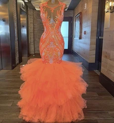 Sparkly Orange Prom Dresses 2024 Luxury Black Girl Long Mermaid Sequin with Tulle Women Formal Evening Gala Gown for Wedding