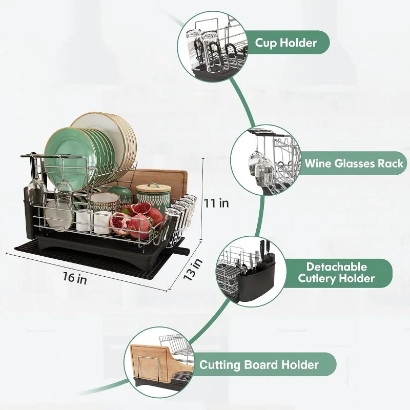 Dish Drying Rack, Large Rack and Drainboard Set with Swivel Spout, Kitchen Counter Wine Glass Holder, Utensil Mat