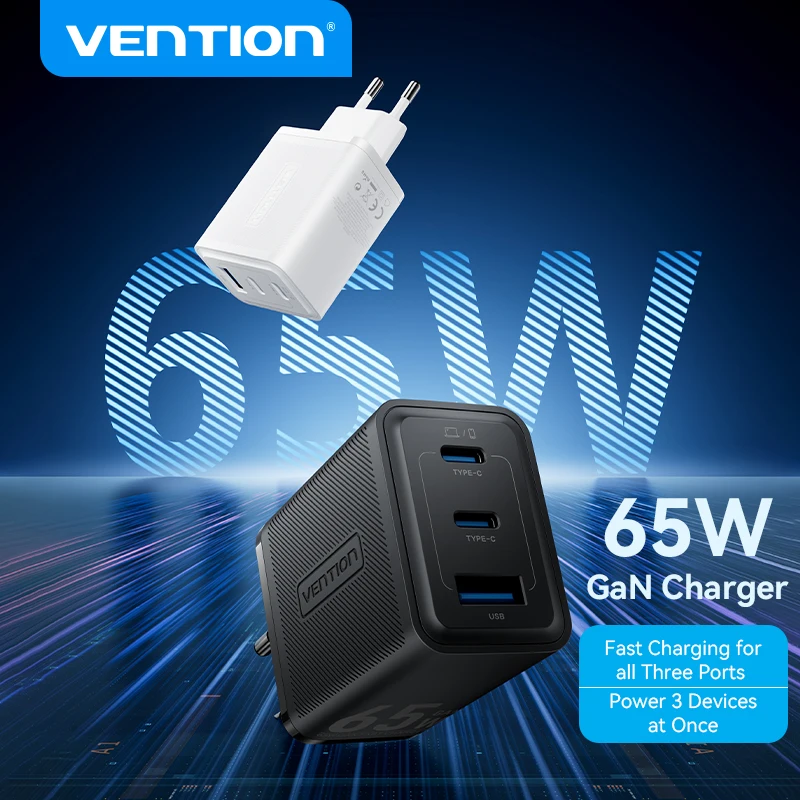 Vention 65W GaN Charger Quick Charge 4.0 3.0 Type C PD USB Charger Portable QC4.0 3.0 Fast For Laptop IPhone15 14 13 12