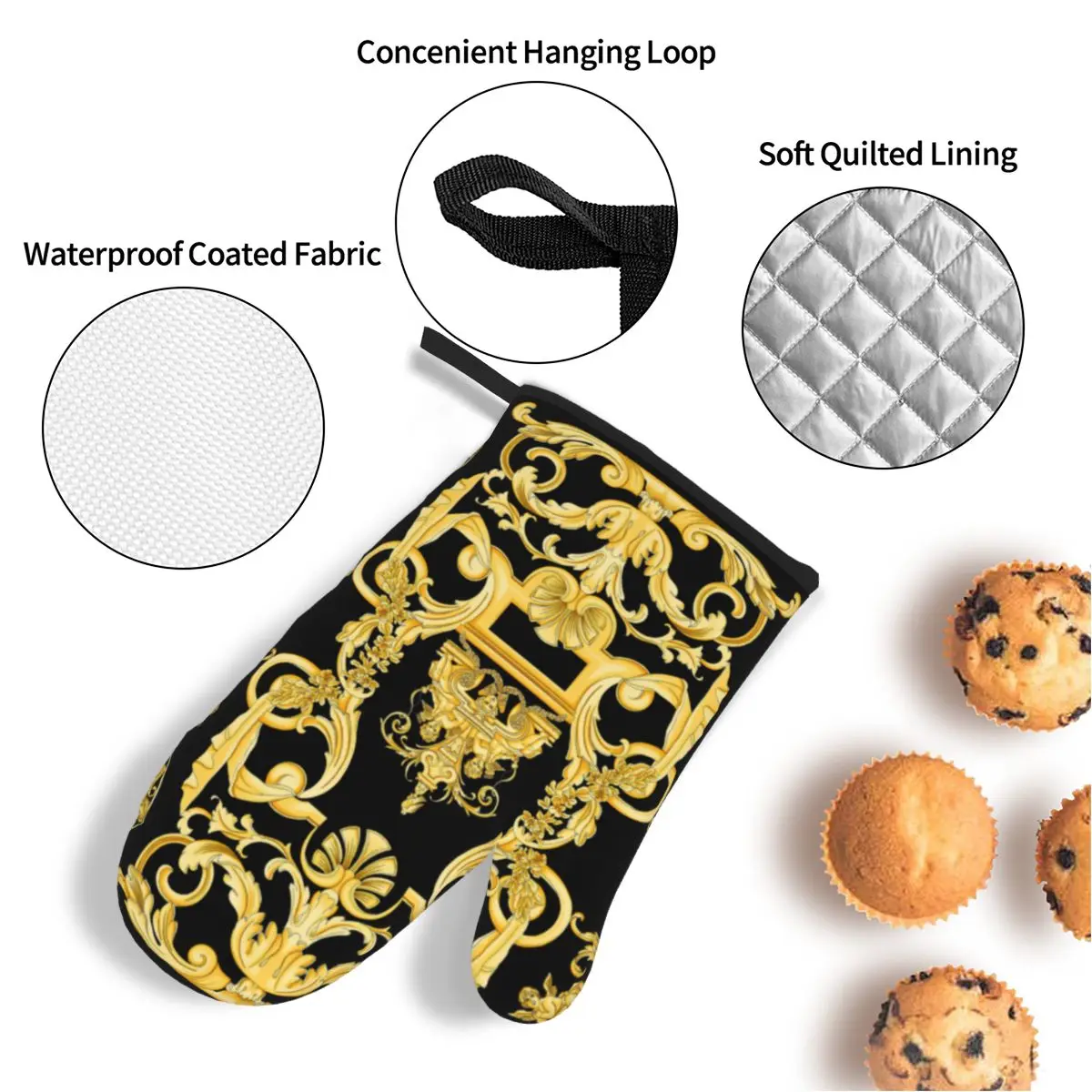 Silicone Oven Gloves Luxury Golden Europe Floral Oven Mitts and Pot Holders Sets of 4 for Baking Heat Resistant Baroque BBQ Kitchen Gloves Potholders silicone oven mitts,kitchen gloves,silicone oven gloves