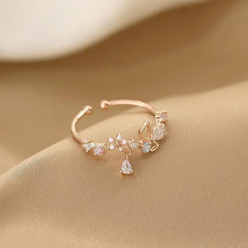 ANENJERY Zircon Flowers Bowkont Adjustable Ring For Women Simple Beautiful Princess Accessories Gift