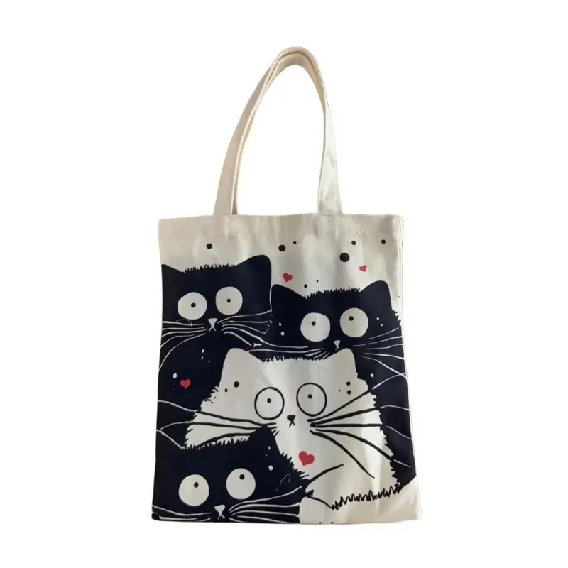 Sc80381ac83734a29926d9f7158fcffa8P Canvas Tote Bag for Women Aesthetic Cute Cat Shopping Grocery Reusable School with Inner Zipper Girl Gift Mallzona