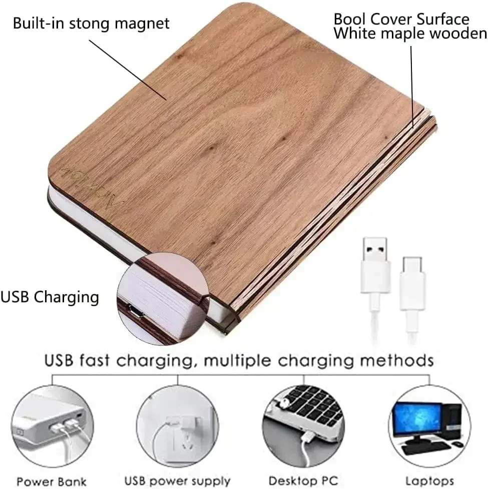 Creative Book Lamp Wooden Portable Night Light 3 Colors LED Foldable 5V USB Rechargeable Table Desk Light Home Decoration