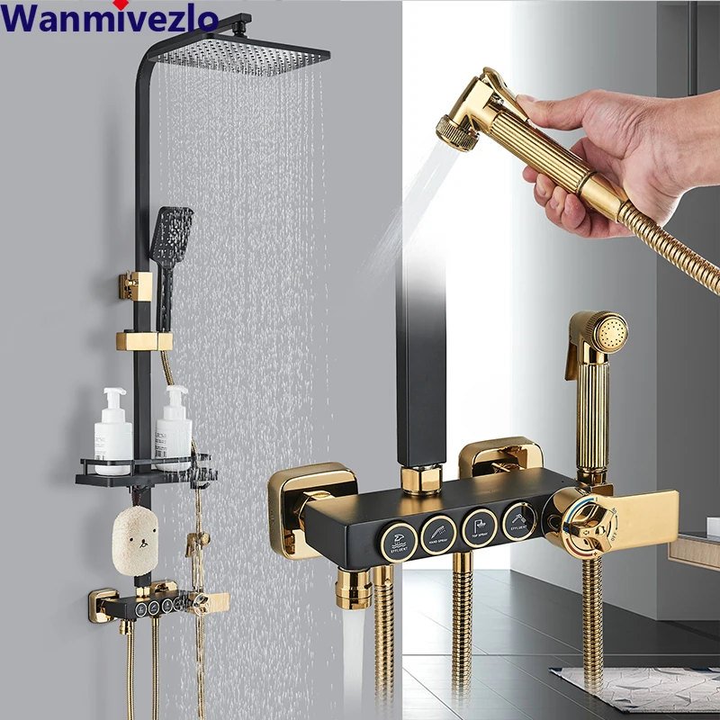 Black Gold Brass  Rainfall Shower Faucet Set Stainless Steel Liftable Shower Hot Cold Mixed Water Bathtub Mixer System