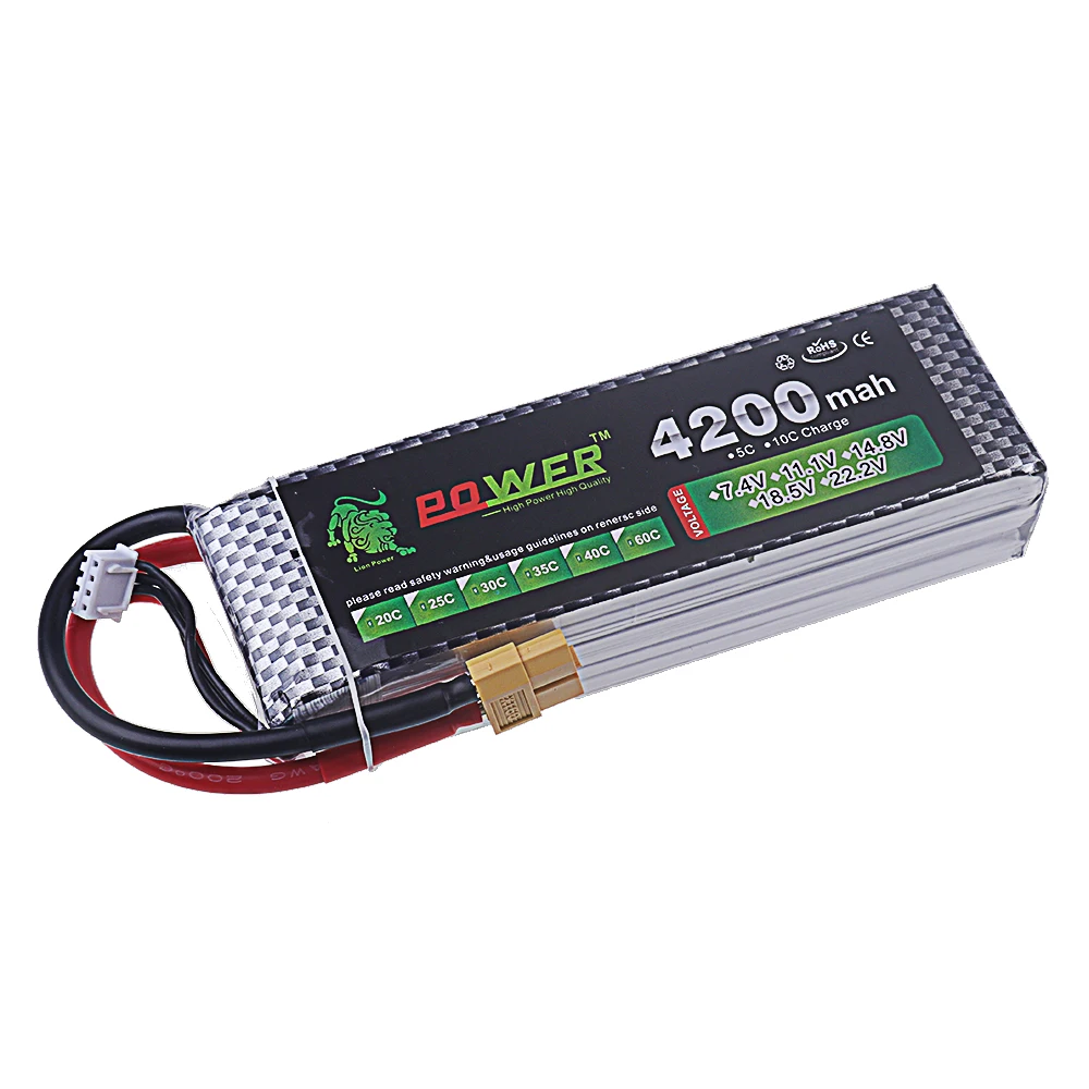 Batterie LiPo rechargeable pour drone FPV avec étiquette indiquant les spécifications 4S 4200mAh 60C