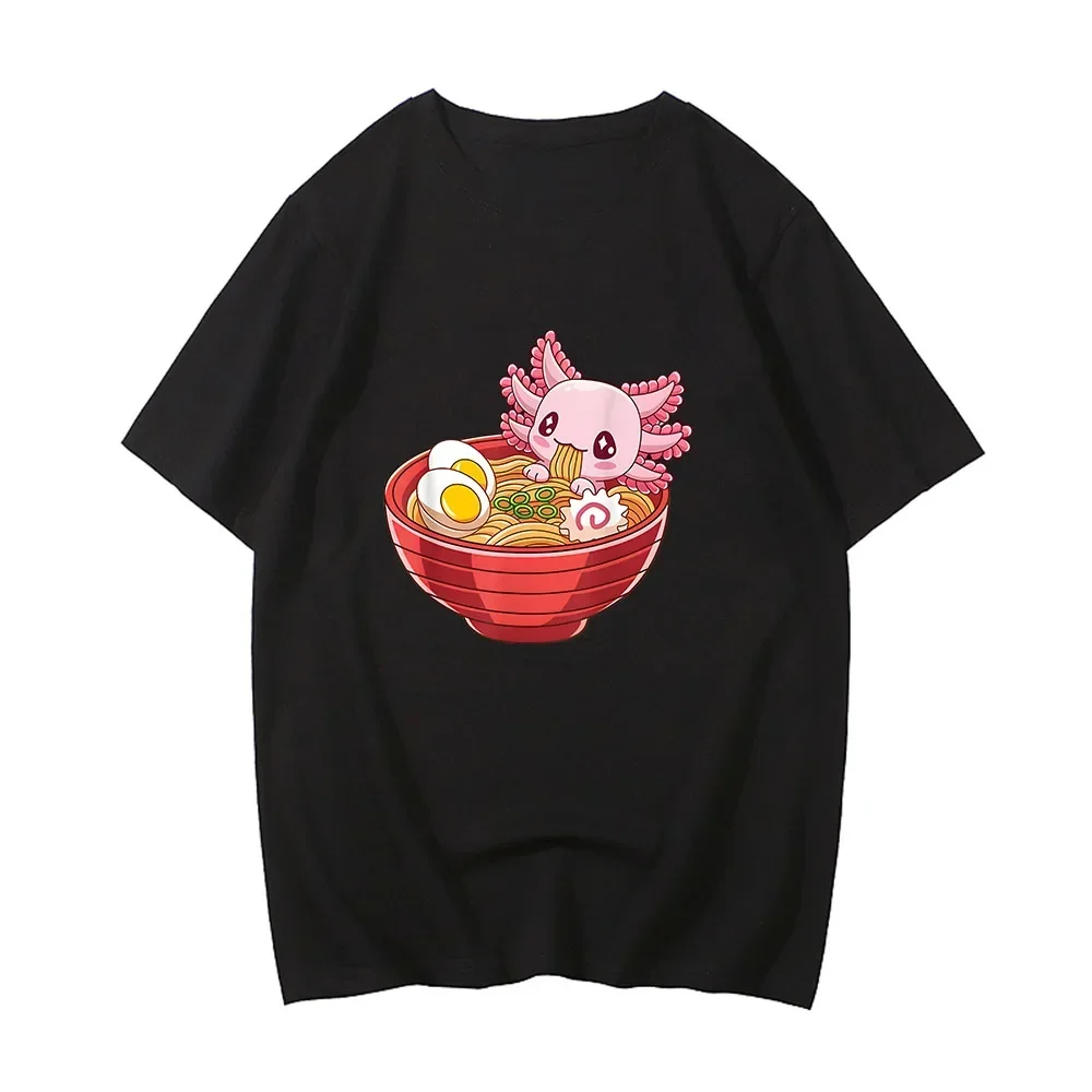 Pink Axolotl Mangiare Ramen Tee-Shirt Manica Corta Cotone Cartoon T-Shirt Estate Morbido Confortevole Mens Tees Top Stampa Kawaii