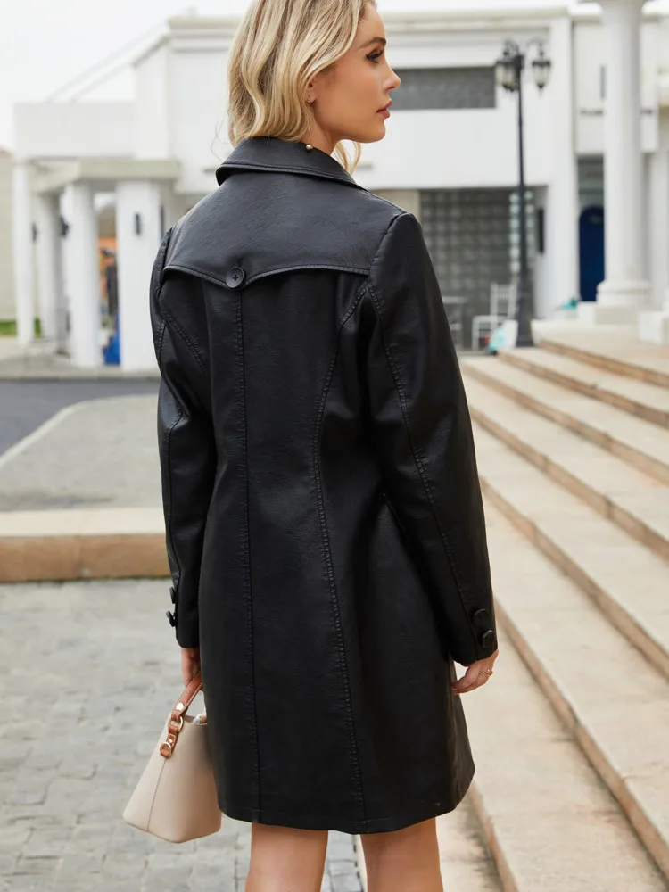New In Autumn Winter Fashion Black Long Leather Jacket Women