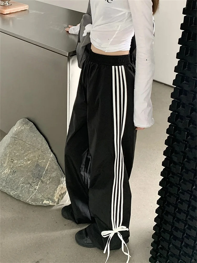 Women Stripe Sweatpants 2024 Spring Summer Bow Y2k Simple Casual High Waist Straight Wide Leg Trouser Female Sporting Trousers