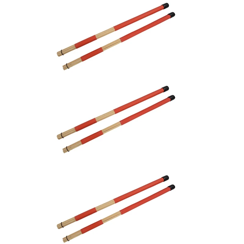 

3 Pair 40CM Bamboo Rod Drum Brushes Sticks For Jazz Folk Music (Red)