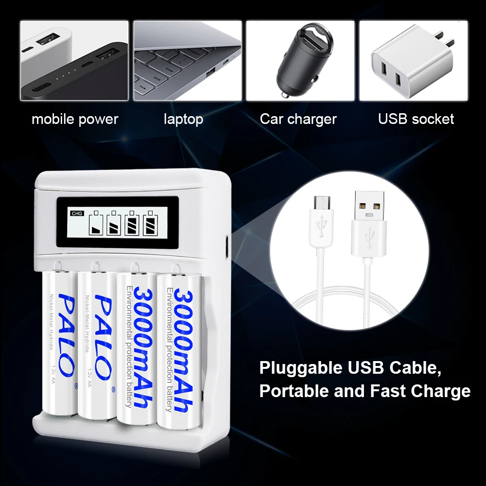 PALO 1.2V 3000mAh AA Rechargeable Battery+ 1.2V 1100mAh AAA Battery NI-MH NIMH AA AAA Batteries for Camera Toy + Battery Case