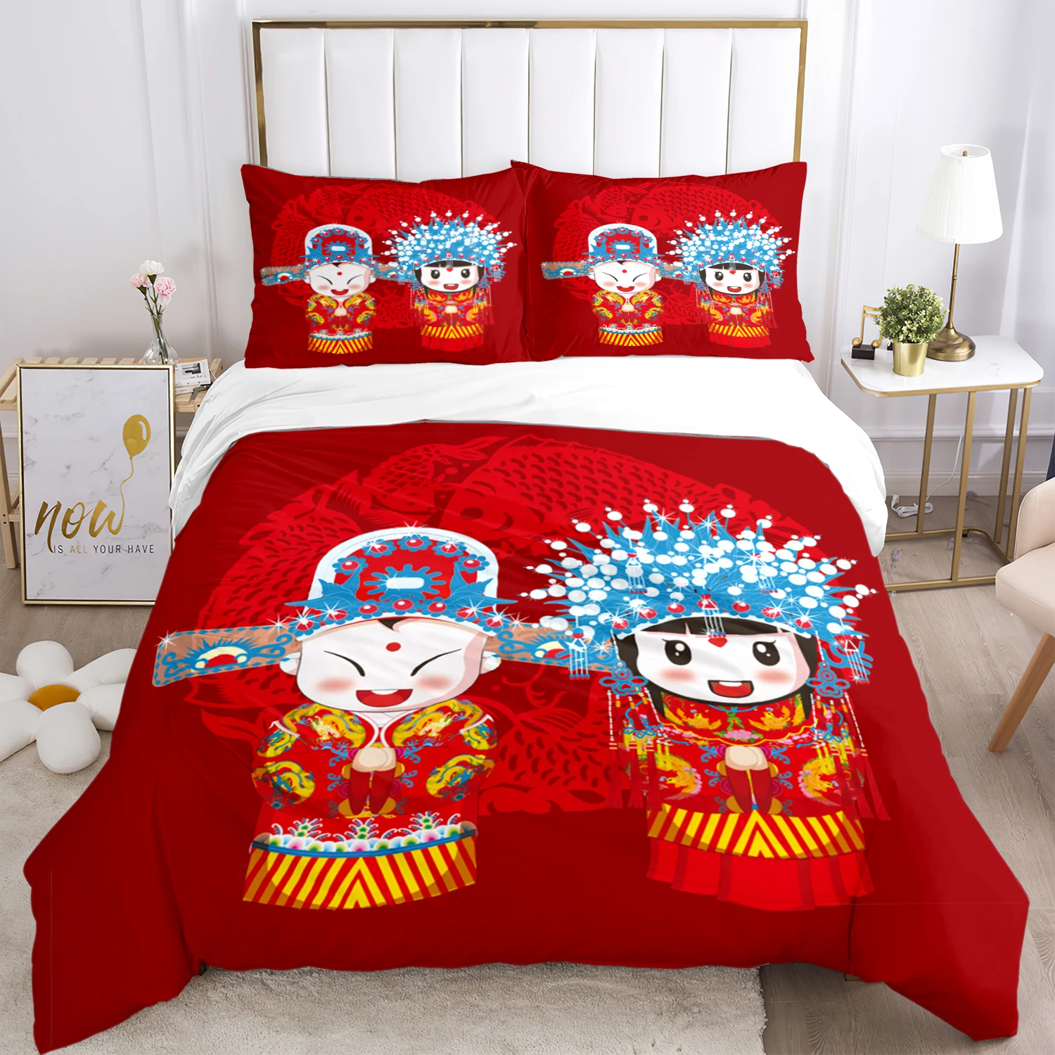 

Red Chinese Wedding Art Print Three Piece Bedding Set Article Children or Adults for Beds Quilt Covers Pillowcases Bedding Set