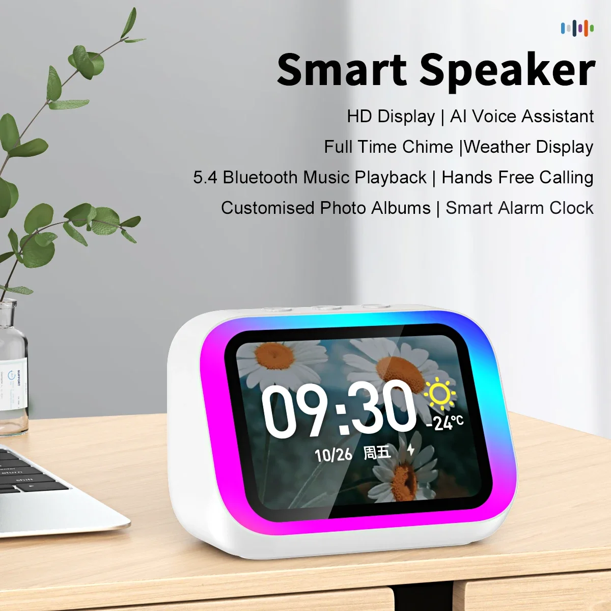 Yapay Zeka Akıllı Bluetooth 5.4 Hoparlör Sesli Asistan HD Dokunmatik Ekranlı Elektronik Albüm Çalar Alarm Saatli Hi-fi Stereo Ses