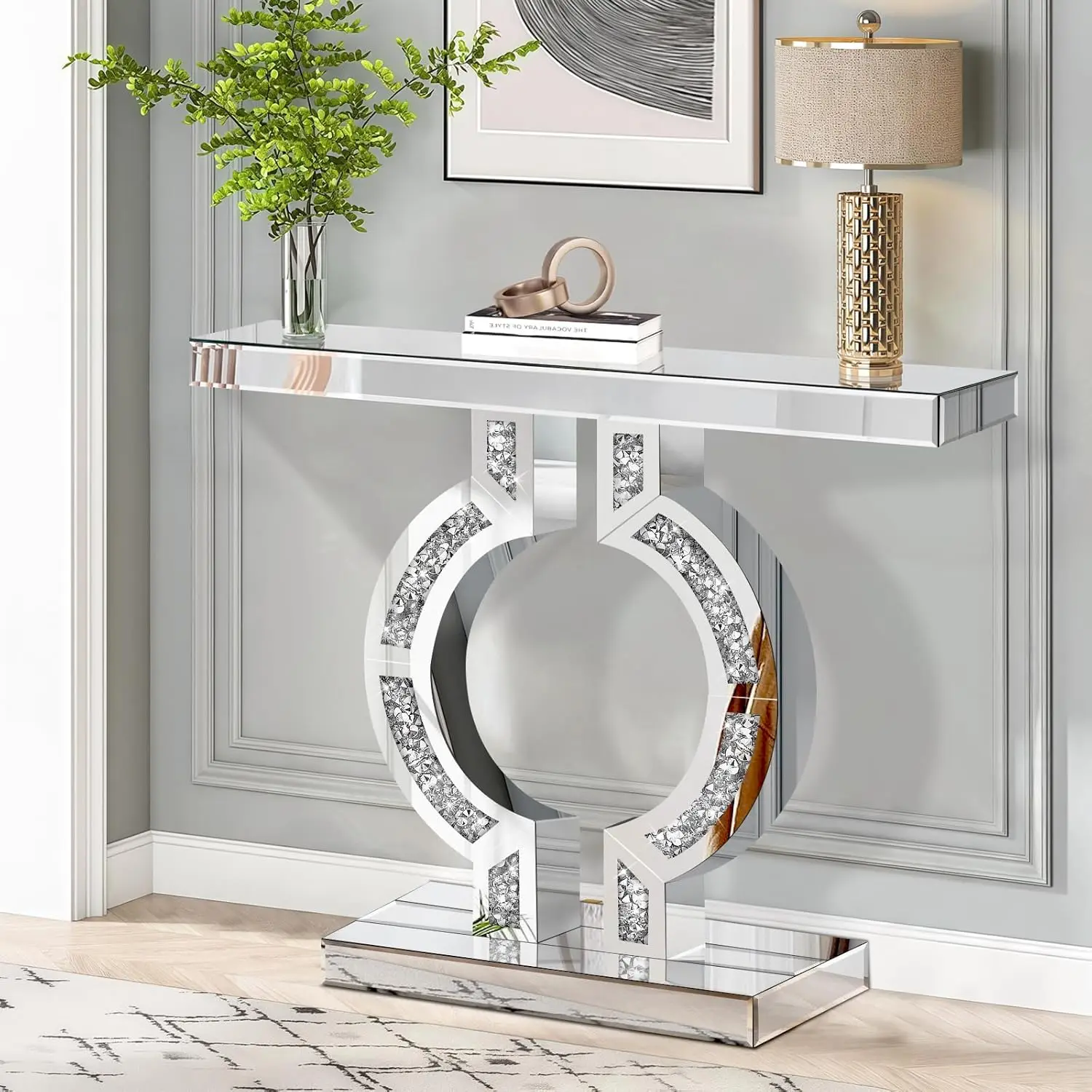 Silver Mirrored Console Table with Diamond Inlay, 39.4'' Long Modern Entryway Table for Living Room, Hallway, Foyer