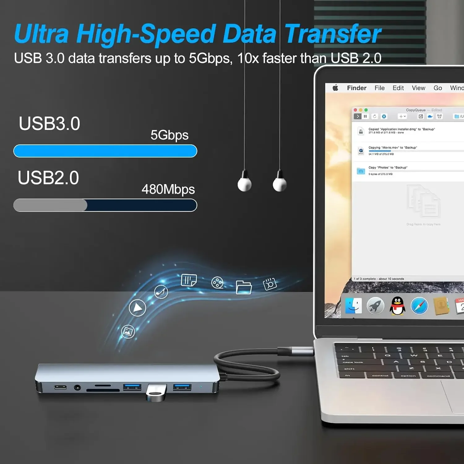 USB C Hub 8-in-2 USB Splitter 3.0/2.0 USB-C Data 3.5 Audio SD/TF Card Reader Multiport C HUB For MacBook Laptop