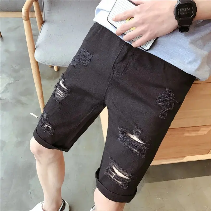 2023 New Men's Denim Shorts Ripped Five Quarter Pants Trend Korean Version Slim Mid-length Pants Summer Thin Style Loose Jeans 2021 summer thin tooling denim shorts men s tide brand ins printing loose trend five point pants new wild pants breeches