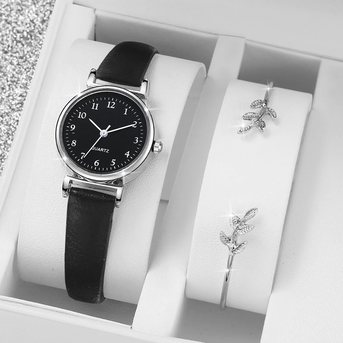 2PCS/Set Women's Watches Fashion Small Arabic Dial Quartz Watch Casual Leather Band Wristwatches Bracelet Set（Without Box） 2