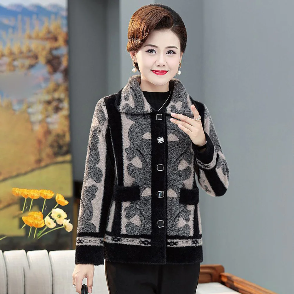 

Middle-aged And Elderly Mothers Mink Velvet Women's Coat Spring And Autumn New High-end Cardigan Fashion Large Size Woolen Coat