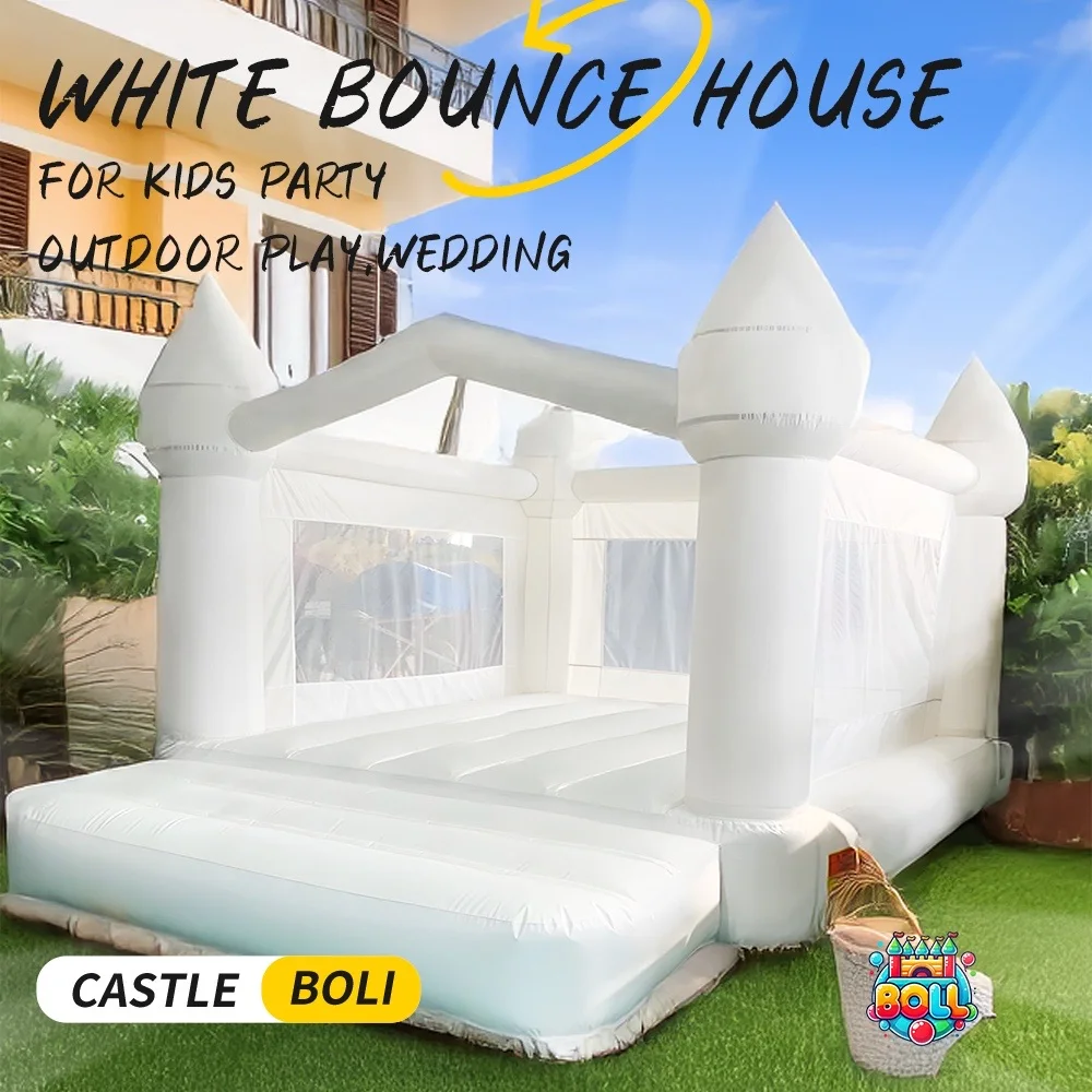 Castillo inflable blanco de rebote con soplador de aire, 10 x 8 pies x 8 pies, castillo animoso para interiores y exteriores para niños, fiesta, boda, familia