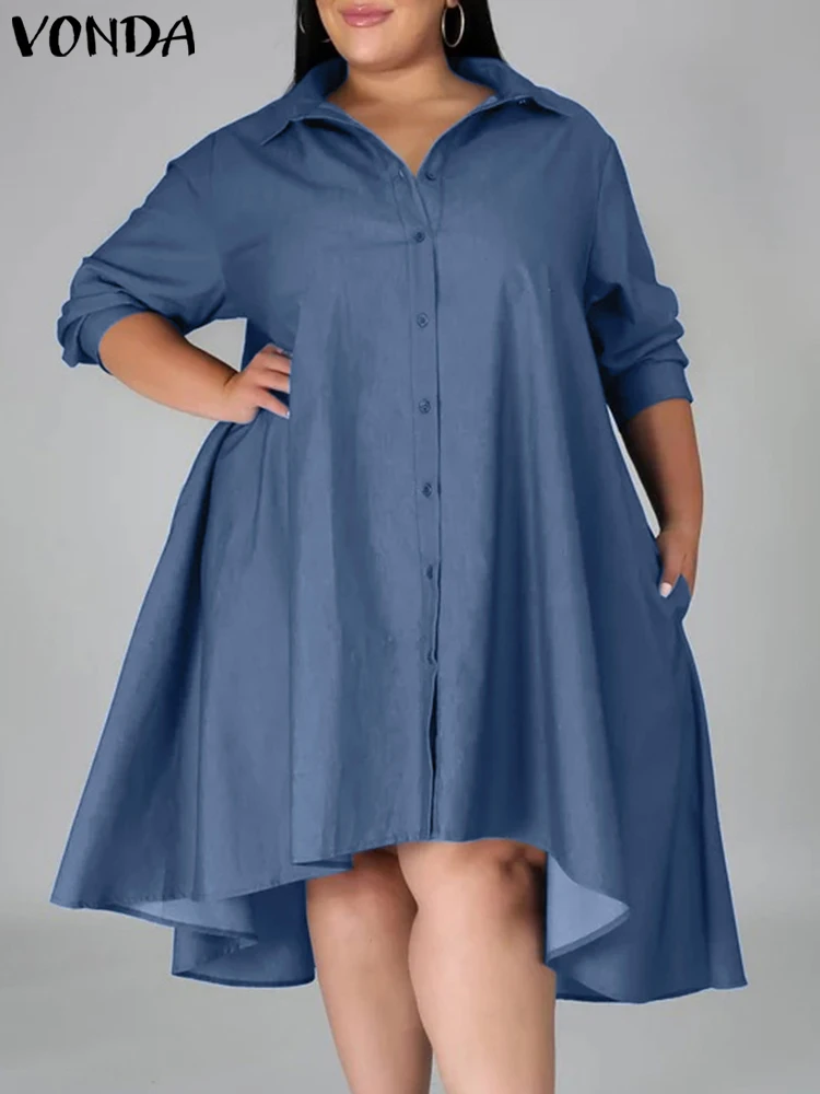 

Women Asymmetrical Vintage Midi Dress VONDA Autumn Denim Long Sleeve Shirt Vestidos 2023 Solid Color Elegant Streetwear Sundress