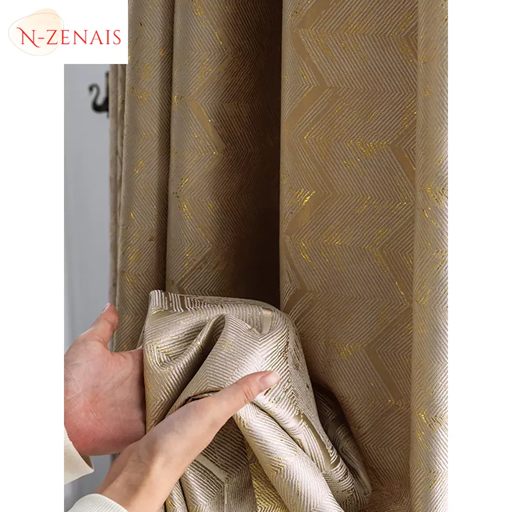 

European Blackout Golden Luxury Curtains for Living Room Bedroom Water Ripple Jacquard Villa Custom Home Decoration High Quality