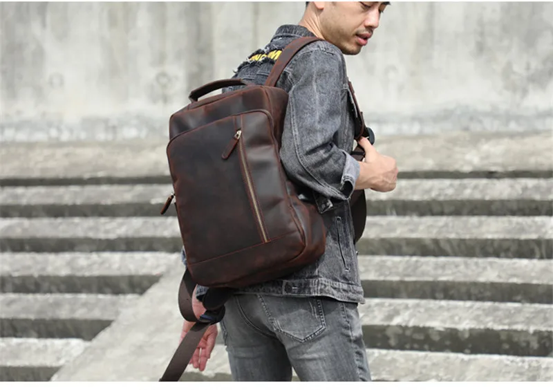 Vintage Crazy Horse Rindsleder Herrenrucksack, hochwertiger, luxuriöser, natürlicher Echtleder-Rucksack für Outdoor-Reisen, Laptop-Rucksack, Schultasche – Detail 6