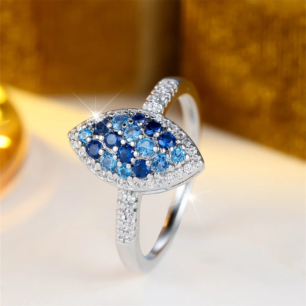 Aqua Blue Crystal Zircon Marquise Rings For Women Vintage Silver Color Engagement Ring Wedding Jewelry Bridal Versatile Gifts